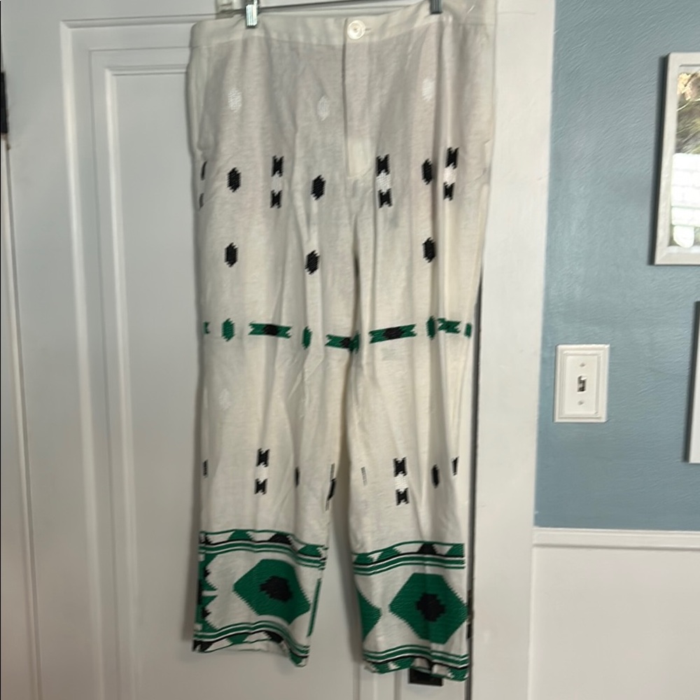 Zara embroidered pants new with tags. White linen green black embroidery